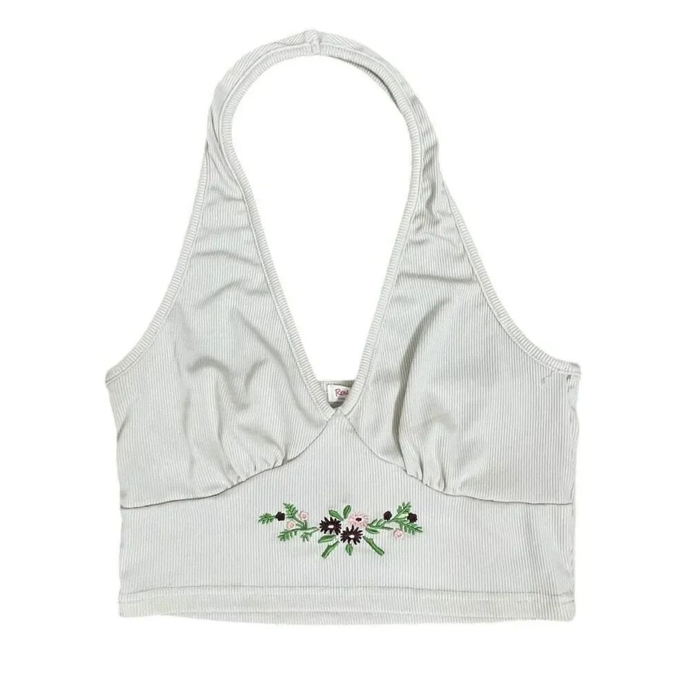 Romwe Ribbed Halter Crop Top Floral Embroidery Size M